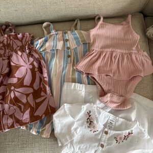 Baby Girl 18M Clothing Set with Pink, Brown, Floral and Striped Outfits.